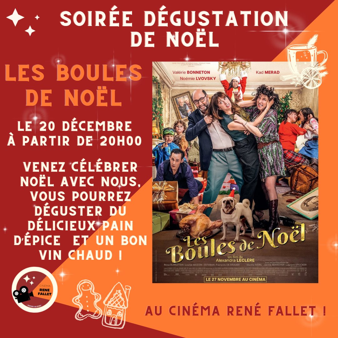 Cinema_RFallet's tweet photo. Venez célébrer Noël avec nous avec une soirée dégustation autour de la comédie Les Boules de Noël, le vendredi 20 décembre ! L'accueil se fera à partir de 20h et le film débutera à 20h30. Vous pourrez déguster du délicieux pain d'épice et un bon vin chaud ! https://t.co/cuRvRvPbTr
