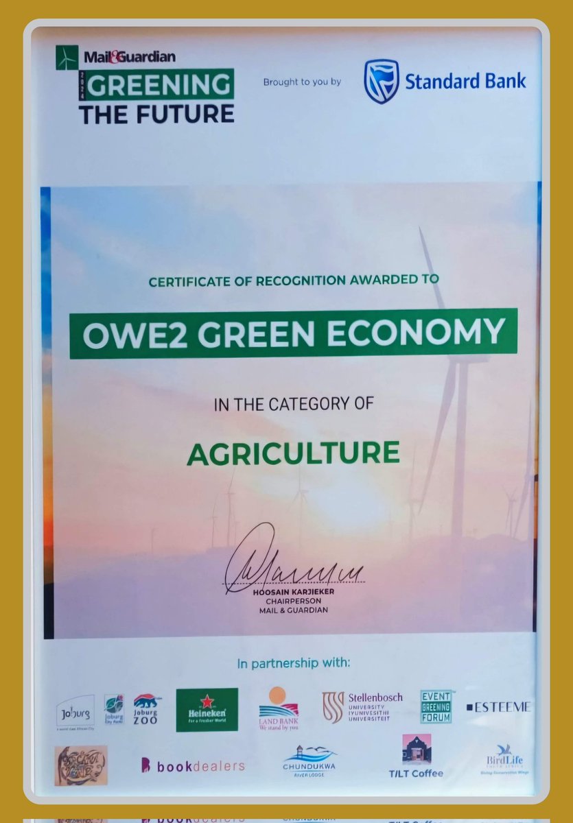 UmsiziProjects's tweet photo. Exciting News! 🎉

OWE2 Green Economy has won the 2024 Mail &amp; Guardian Greening the Future Award for Sustainable Agriculture! 🏆

We’re proud to have supported this transformative initiative, empowering communities through sustainable agriculture. https://t.co/RozBlUBaP2