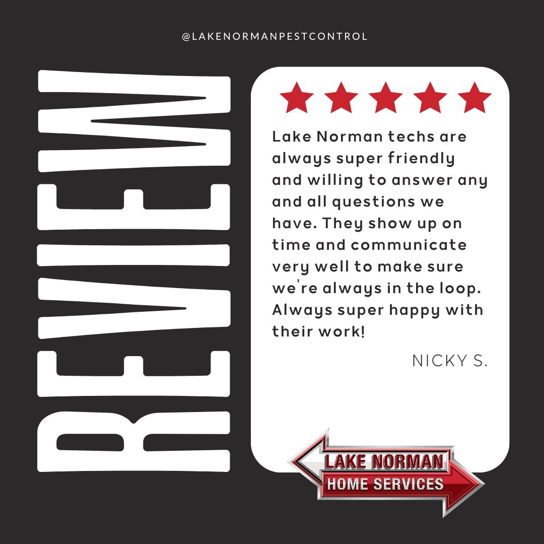 At Lake Norman Home Services, we strive to provide top-notch service every single day, and reviews like yours keep us motivated to raise the bar even higher. Thank you for your support! #PestControl #QualityService #CustomerFeedback