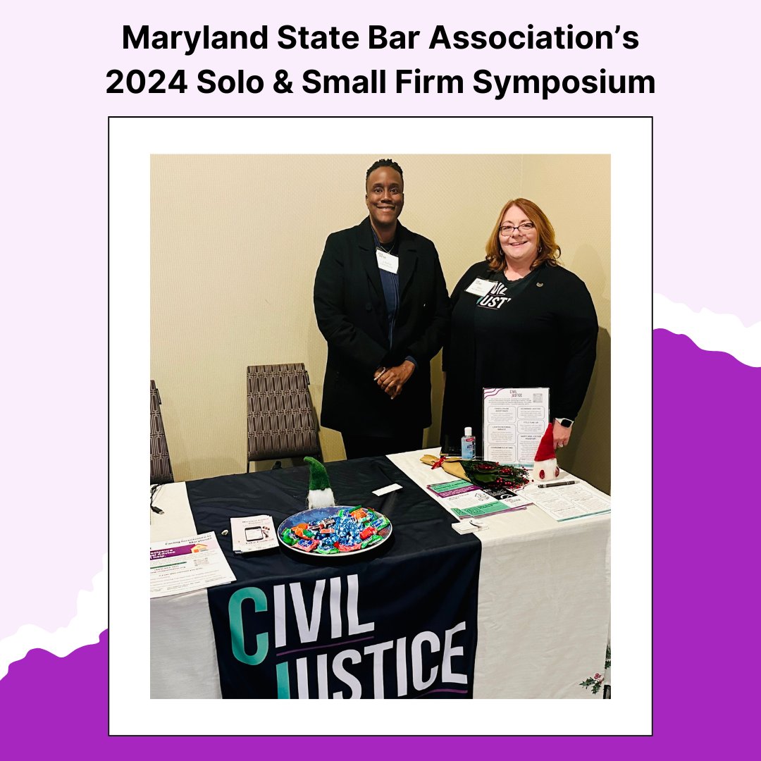 CivilJusticeInc's tweet photo. CJ's Mary Migues-Jordan, Managing Attorney, and Ashia Moultrie, Client Support and Compliance Manager, attended @MarylandBar’s Solo and Small Firm Symposium yesterday. Learn more about CJ's network of Maryland attorneys at https://t.co/o281oYl0Zy

#SmallFirm #Legal #Nonprofit https://t.co/xMd8QEJyaE