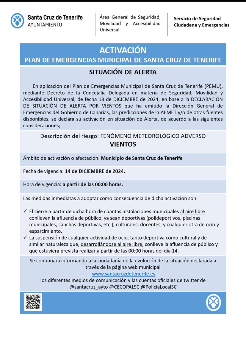 CECOPALSC's tweet image. ATENCIÓN: El @santacruz_ayto activa el #PEMU en situación de #Alerta por vientos y decreta cierre de instalaciones municipales al aire libre desde las 00:00 h. del día 14 de diciembre. También se suspenden las actividades, al aire libre, que conlleven la asistencia de público.
