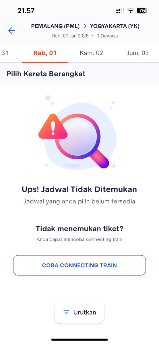 noturtyp3__'s tweet photo. @KAI121 kenapa tanggal 1 januari tiket joglosemar pemalang-jogja ga keluar ya? https://t.co/SOFuOueuEn