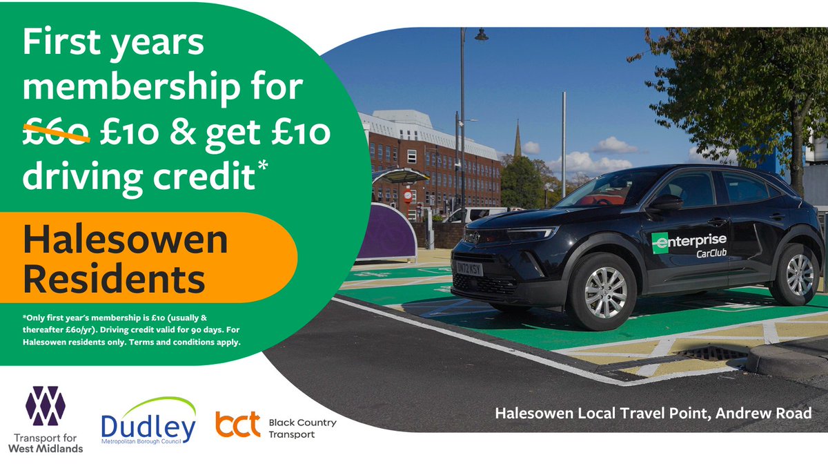 We have launched in Halesowen! Residents can join for just £10 and receive £10 FREE driving credit*. More information about this offer can be found here bit.ly/4hDg9aO.

*Terms and Conditions apply EnterpriseCarClub.co.uk/tc1