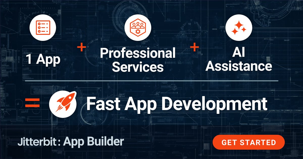 jitterbit's tweet image. ⏳When the year ends, so does this deal. Jitterbit’s &apos;Build Fast&apos; Bundle for App Builder is available only until December 31.

Empower your team to rapidly design &amp;amp; deploy custom #integrations, #automations, &amp;amp; applications—no coding required. 

Learn more: ow.ly/frj350UqEBr