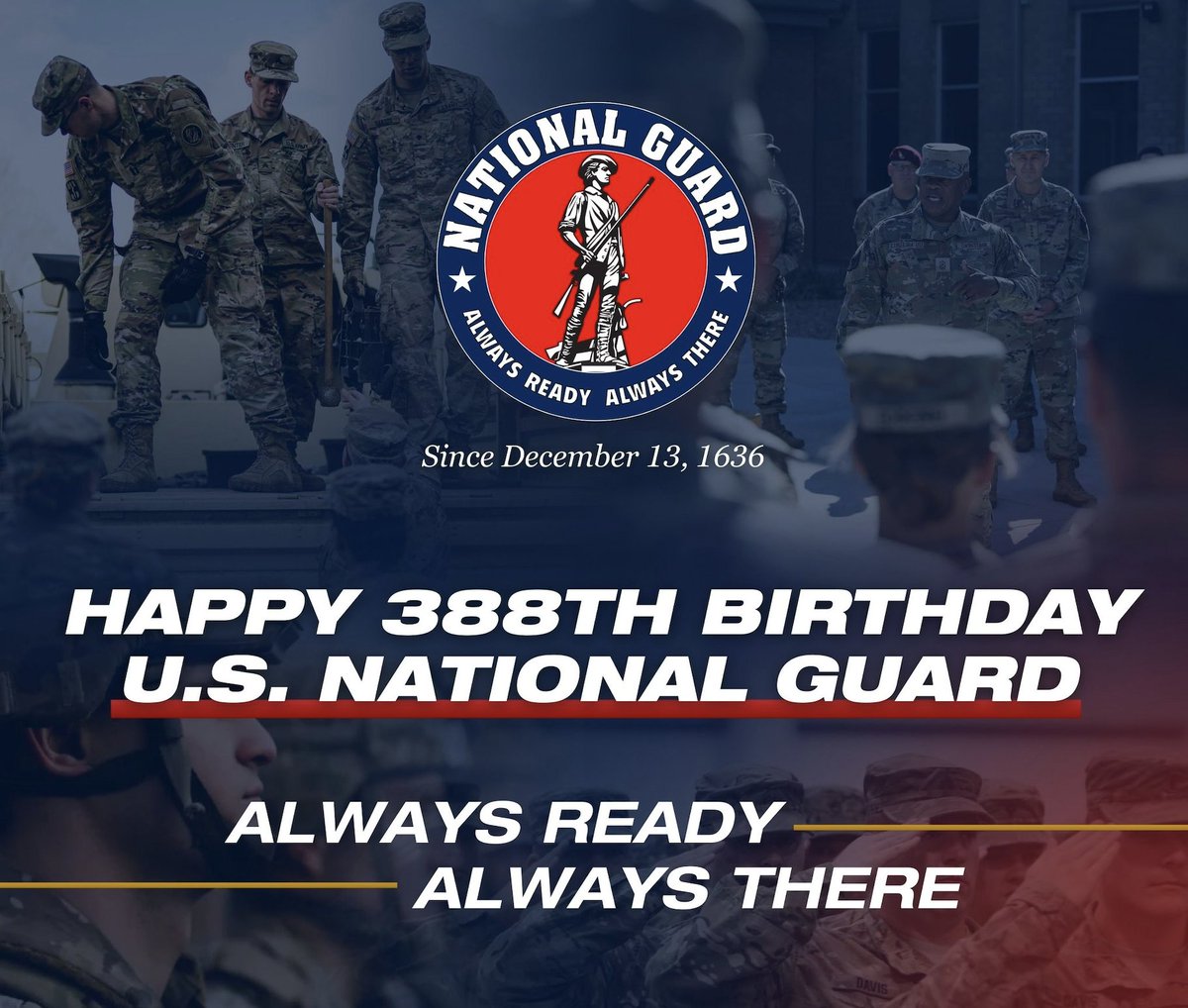 Happy 388th Birthday to the <a href="/USNationalGuard/">National Guard</a>! 

From the Minutemen of 1636 in the Massachusetts Bay Colony to the heroes of today, you have stood ready to protect and serve our nation at home and abroad.

Thank you for your unwavering commitment to America. 🇺🇸

#NEGuard