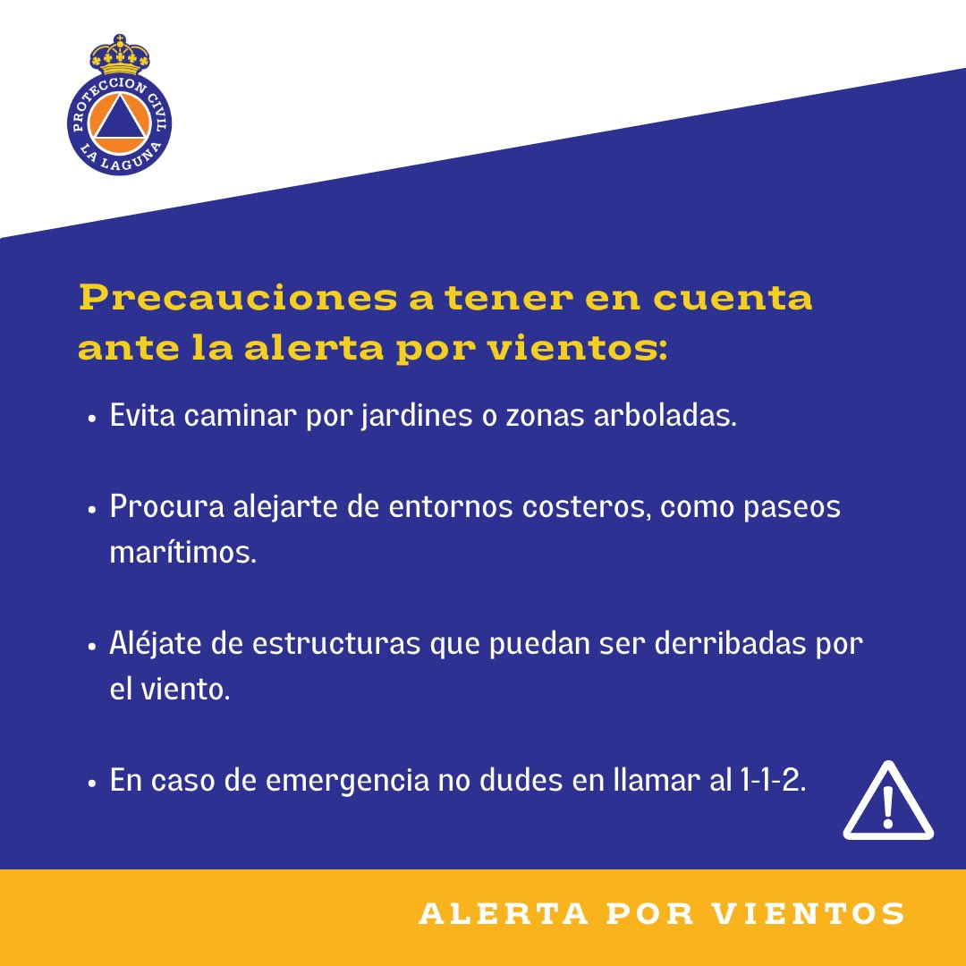 PC_LaLaguna's tweet photo. ⚠️Ante la reciente declaración de alerta por vientos, te recomendamos que sigas estas medidas de prevención para garantizar tu seguridad y la de tu entorno.

Recuerda que una #LaLagunaMásSegura empieza con la responsabilidad individual de cada persona.

#AlertaVientos https://t.co/aba1IPwLu7
