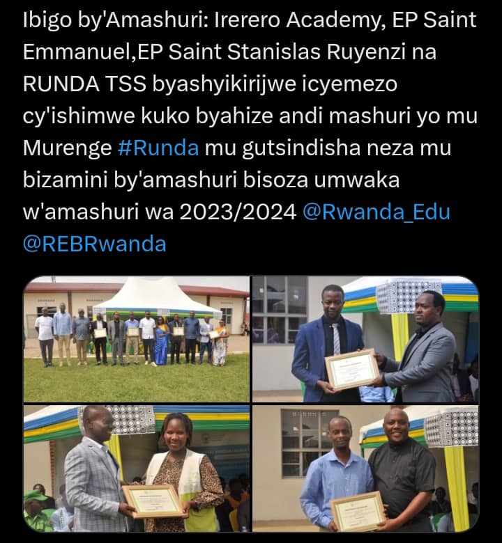 ijarinews's tweet photo. @Kamonyi Irerero Academy, EP Saint Emmanuel,EP Saint Stanislas Ruyenzi na RUNDA TSS byashyikirijwe ishimwe kuko byahize andi mashuri yo mu Murenge mu gutsindisha neza 2023/2024 @Rwanda_Edu @REBRwa
Ese #Christal Fauntain Academy yazize iki ko ibirusha ? byahembwe?@RwandaLocalGov https://t.co/DgW8MYmfth