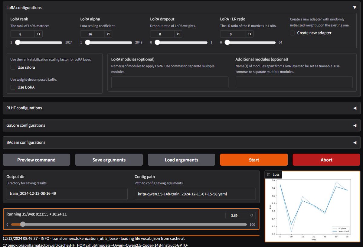 A.Robot (@100percentrobot) on Twitter photo First try at training an LLM LoRA on a custom data set of about 6M parameters. Hope it helps with my coding project
10 hours to go!
Using <a href="/cocktailpeanut/">cocktail peanut</a> 's Pinkio and Llama Factory <a href="/llamafactory_ai/">LLaMA Factory</a> First try at training an LLM LoRA on a custom data set of about 6M parameters. Hope it helps with my coding project
10 hours to go!
Using <a href="/cocktailpeanut/">cocktail peanut</a> 's Pinkio and Llama Factory <a href="/llamafactory_ai/">LLaMA Factory</a>
