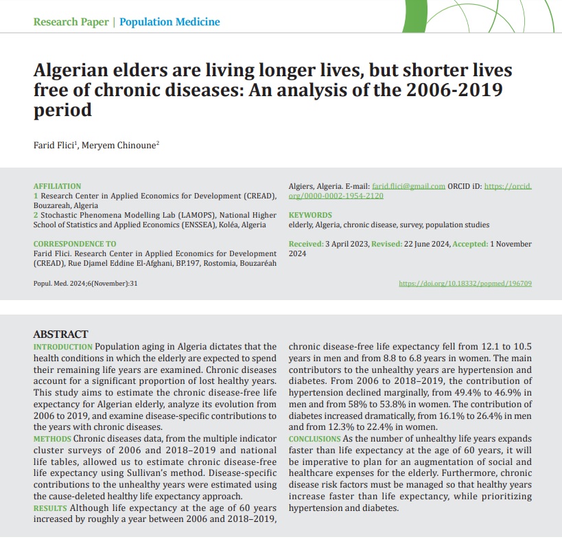 In our recent paper, appeared today in <a href="/Population_Med/">Population Medicine</a> , we discuss the recent evolution of chronic disease-free life expectancy in Algerian elderly and the contribution of the different diseases to healthy years lost. Link to the full paper: populationmedicine.eu/pdf-196709-117…