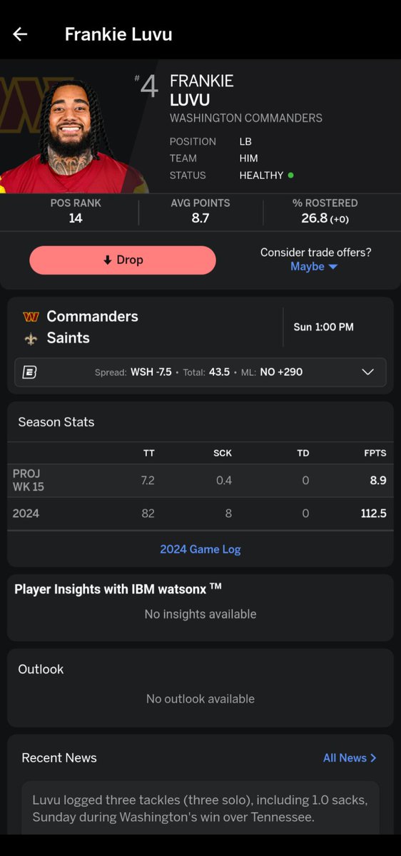 OrangeFantasyNY's tweet photo. I'm starting Frankie Luvu over Bobby Wagner in week 15. 4 points per sack, 1 per tackle IDP scoring. Change my mind. #IDP #IDPFantasy #FantasyPlayoffs https://t.co/inUTPO387B