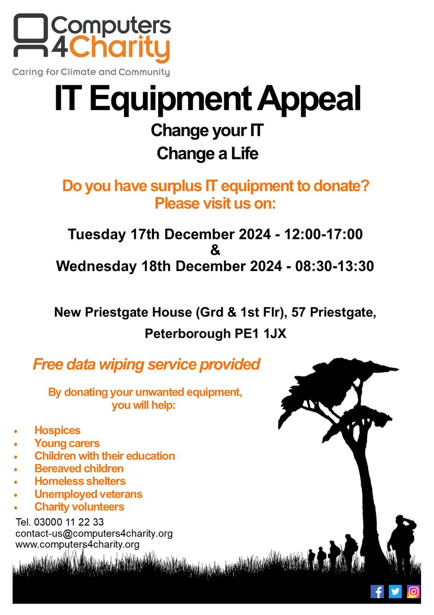 Do you have old tech sitting at home? Make some room and donate your devices at our IT Appeal in Peterborough next week! 

Free data wiping.

Free parking available. 

Do some good with your old IT. 

#Peterborough #Recycle
