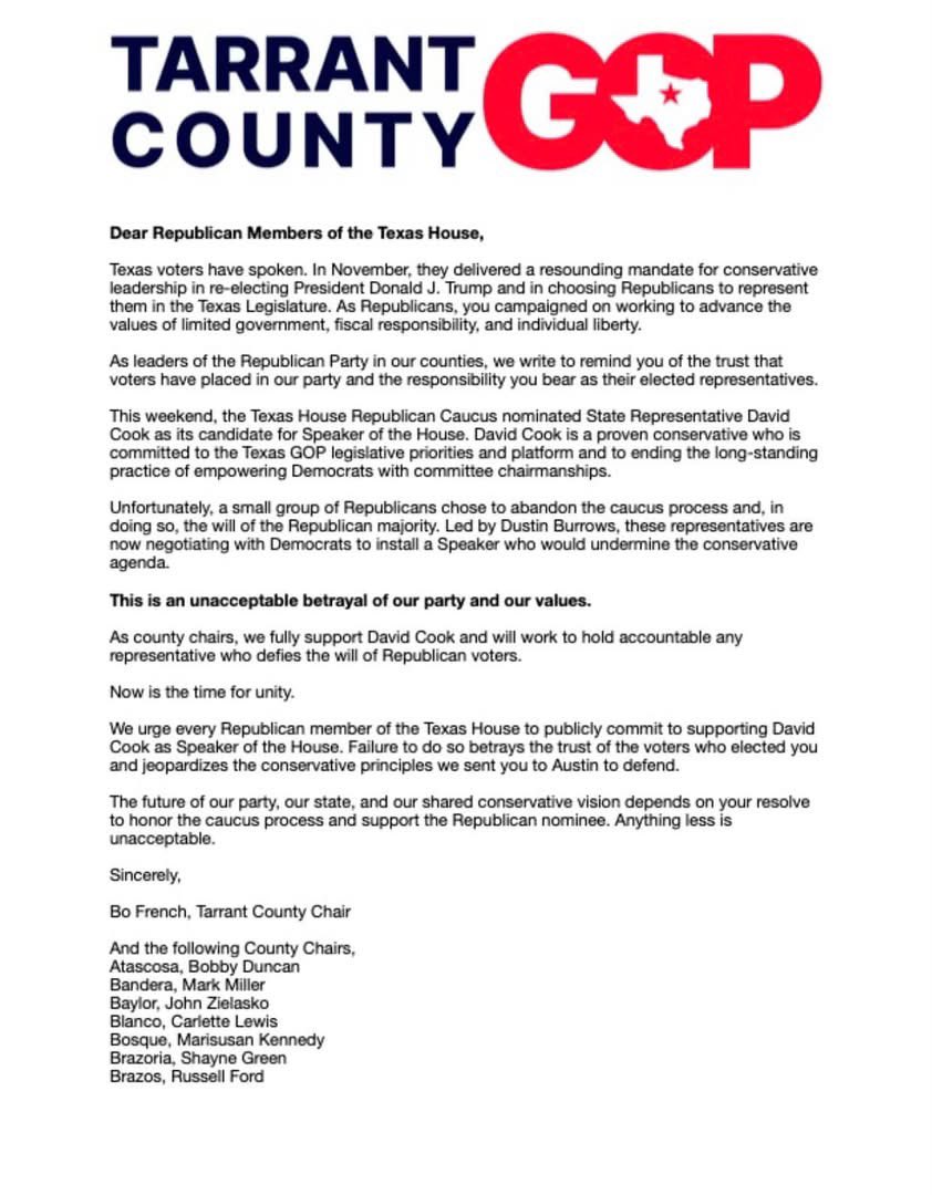 HoodCountyGOPTX's tweet photo. I am pleased to declare my support for @RepDavidCook for Speaker of the House. As Speaker, David will work to end the unmerited influence of Democrats in our legislative process and will promote the conservative values held by the voters of Hood County.
-Chairman Greg Harrell https://t.co/AjpBf35JVb