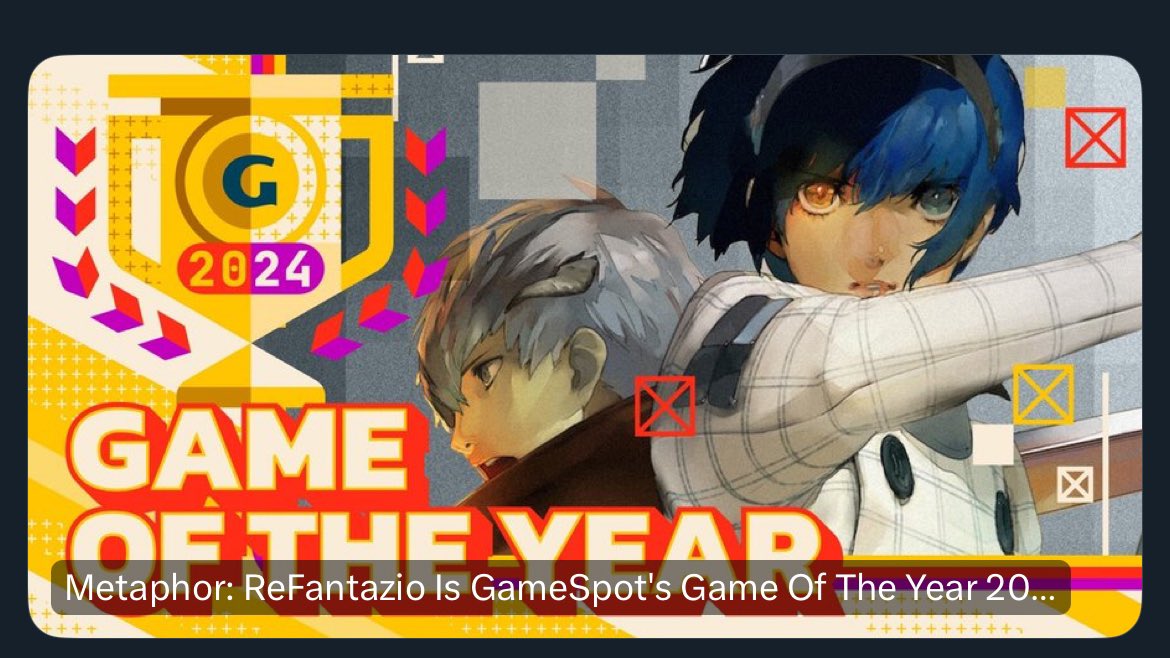 Buzzing that the game Metaphor Refantazio in which I play Neuras won 3 out of its 6 categories last night at <a href="/thegameawards/">The Game Awards</a> and was awarded game of the year by <a href="/GameSpot/">GameSpot</a>