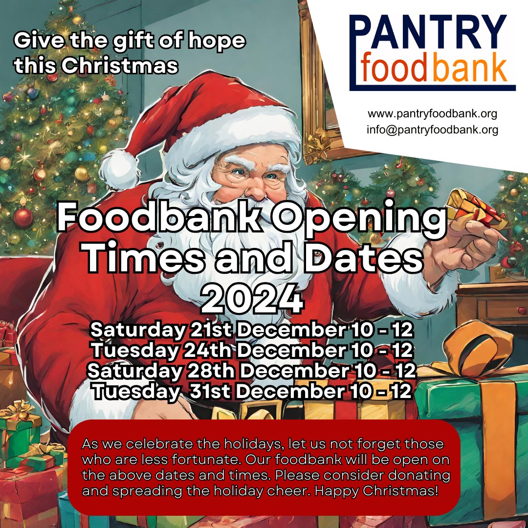 PANTRY Foodbank (@pantryponty) on Twitter photo PANTRY Foodbank opening times over the holiday period.
info@pantryfoodbank.org
pantryfoodbank.org PANTRY Foodbank opening times over the holiday period.
info@pantryfoodbank.org
pantryfoodbank.org
