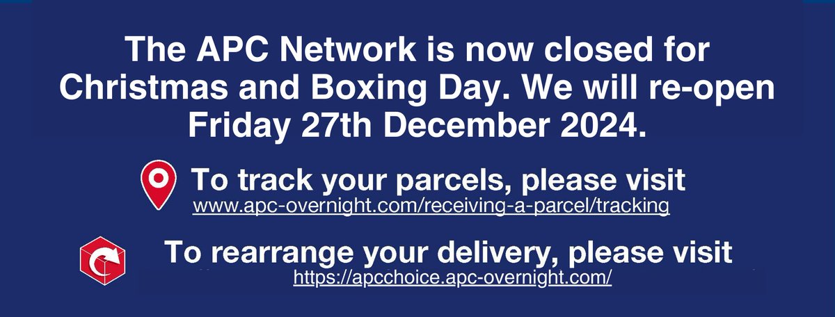 🎄We are now closed for Christmas Day and Boxing Day. We will re-open for business as usual on Friday 27th December 2024.
We wish you all a Happy Holidays 🎄
To track a delivery, please visit: apc-overnight.com/receiving-a-pa…
To rearrange a delivery, please visit: apcchoice.apc-overnight.com