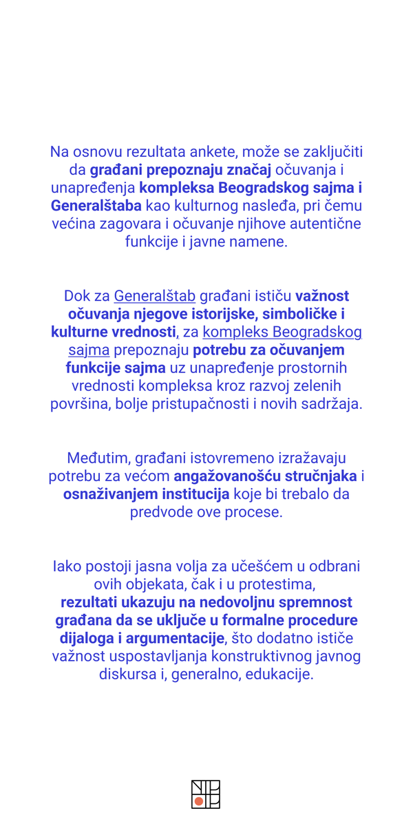 Sproveli smo anketu o budućnosti kompleksa Beogradskog sajma i Generalštaba koja je za cilj imala da prikupi mišljenja šire javnosti o očuvanju i unapređenju ovih važnih kulturnih dobara naše zemlje, koja su značajno ugrožena skorašnjim odlukama Vlade Republike Srbije.