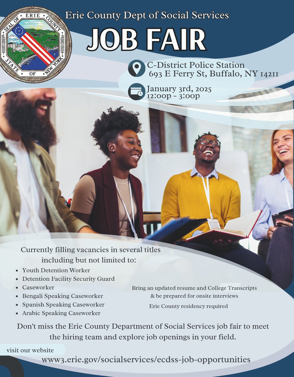 📣Happening today! ECDSS is hosting a job fair on January 3rd, 12pm - 3pm.  We are hiring for various positions. See the flyer for more info and visit our website: www3.erie.gov/socialservices…