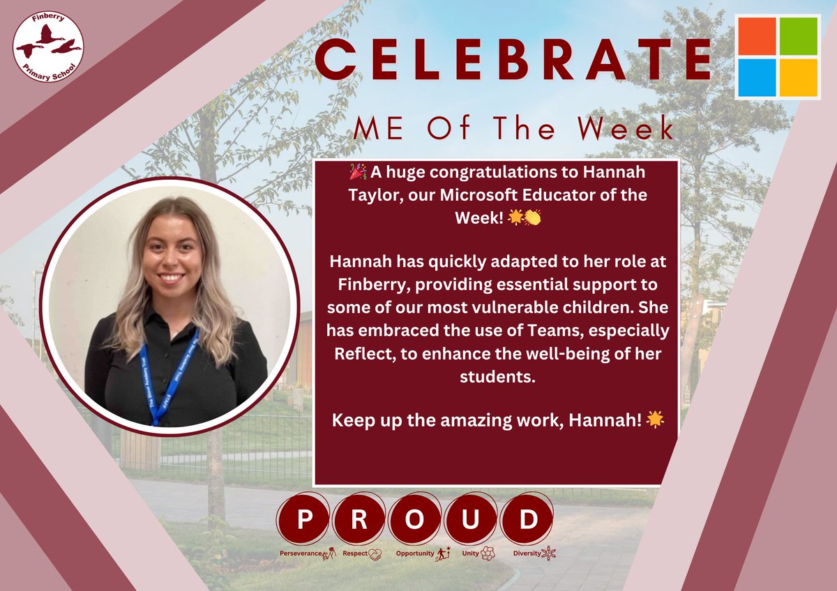 Finberry Primary School (@finberryprimary) on Twitter photo π Congrats to Hannah Taylor, our Microsoft Educator of the Week! Using Teams Reflect, sheβs enhancing well-being for vulnerable children. π Amazing work, Hannah! #EdTech #StudentWellBeing <a href="/MicrosoftTeams/">Microsoft Teams</a> <a href="/MicrosoftEDU/">Microsoft Education</a> #Reflect π Congrats to Hannah Taylor, our Microsoft Educator of the Week! Using Teams Reflect, sheβs enhancing well-being for vulnerable children. π Amazing work, Hannah! #EdTech #StudentWellBeing <a href="/MicrosoftTeams/">Microsoft Teams</a> <a href="/MicrosoftEDU/">Microsoft Education</a> #Reflect