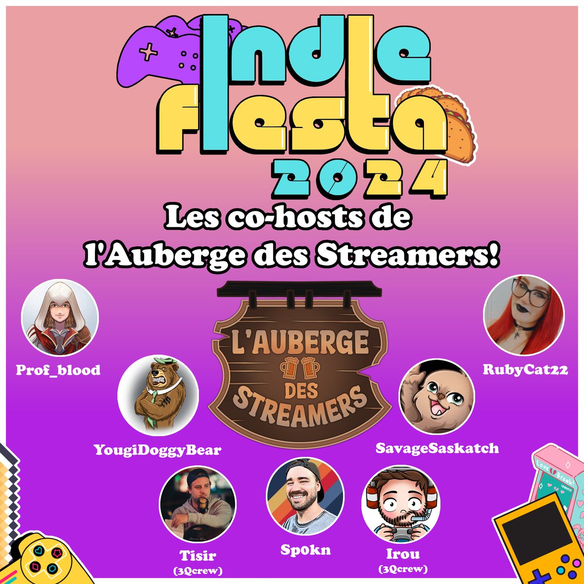 20 décembre à partir de 18h 🙌

Vous savez, 24h de stream, c'est très demandant. C'est pourquoi j'ai LE PRIVILÈGE et LA CHANCE de pouvoir compter sur plusieurs streamers de L'Auberge Des Streamers! Chaque streamer a choisi un des jeux dans la liste et vous le presentera!
