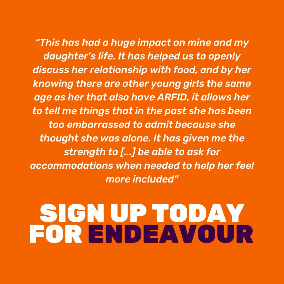 Sign up for Endeavour today!

Our 8 week online peer support group is run by an experienced eating disorder clinician and is for parents or carers of 5-15 year olds with ARFID. They do not need a diagnosis for you to attend.

Find out more here: beateatingdisorders.org.uk/get-informatio…
