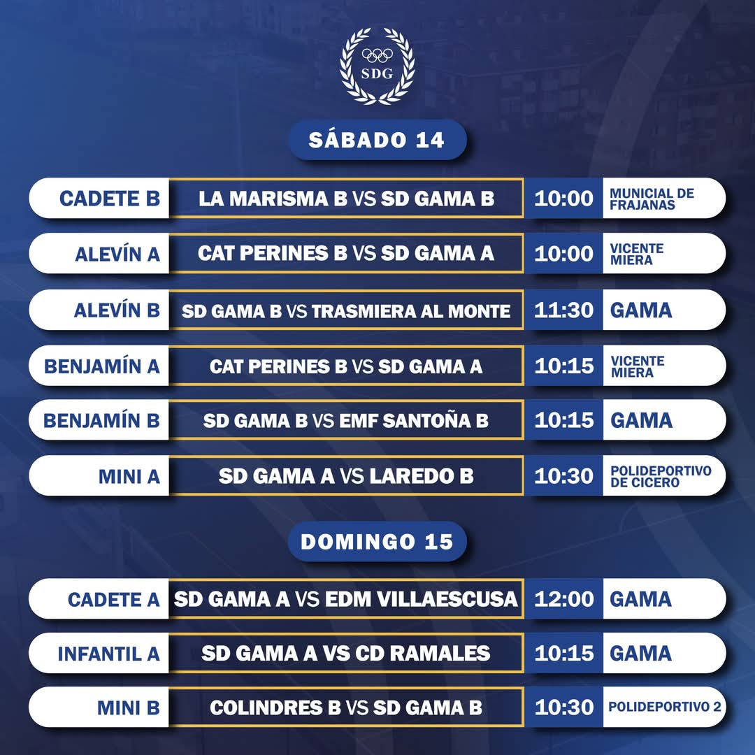 Horarios para esta nueva jornada #vamosgama 💙

💙 TERCERA
SD GAMA 🆚 CD COLINDRES
🏟️ Campos de Santa María
📆 Sábado 14/12
🕦 16:30

💙 JUVENIL
AMPUERO FC A 🆚 SD GAMA
🏟️ Ampuero
📆 Sábado 14/12
🕦 15:30