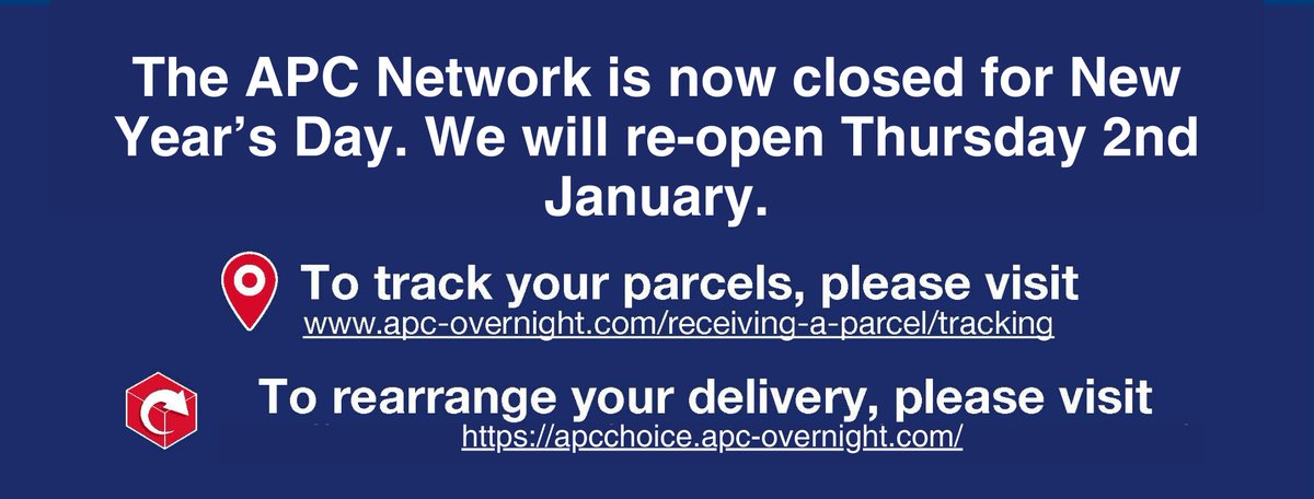 We are now closed for New Year’s Day. We will re-open on Thursday 2nd January 2025.
To track your parcels, please visit apc-overnight.com/receiving-a-pa…
To rearrange your delivery, please visit apcchoice.apc-overnight.com
