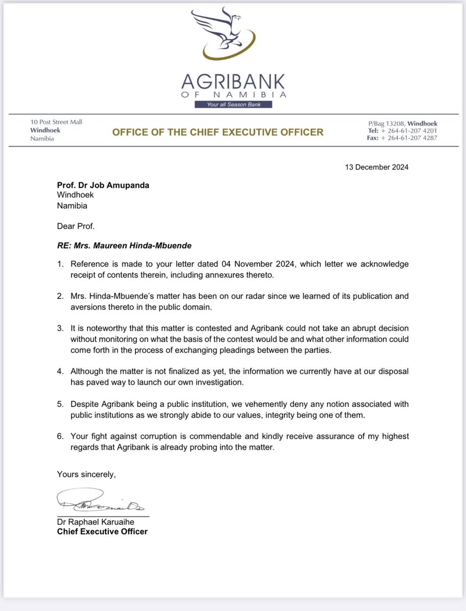 Dear Namibians 🇳🇦
We must NEVER give up the FIGHT against Corruption. We must take on the Corrupt no Matter who they think they are connected to. We can’t have important institutions such as Agribank DEFRAUDED by people just because they are Deputy Ministers. I welcome Agribank