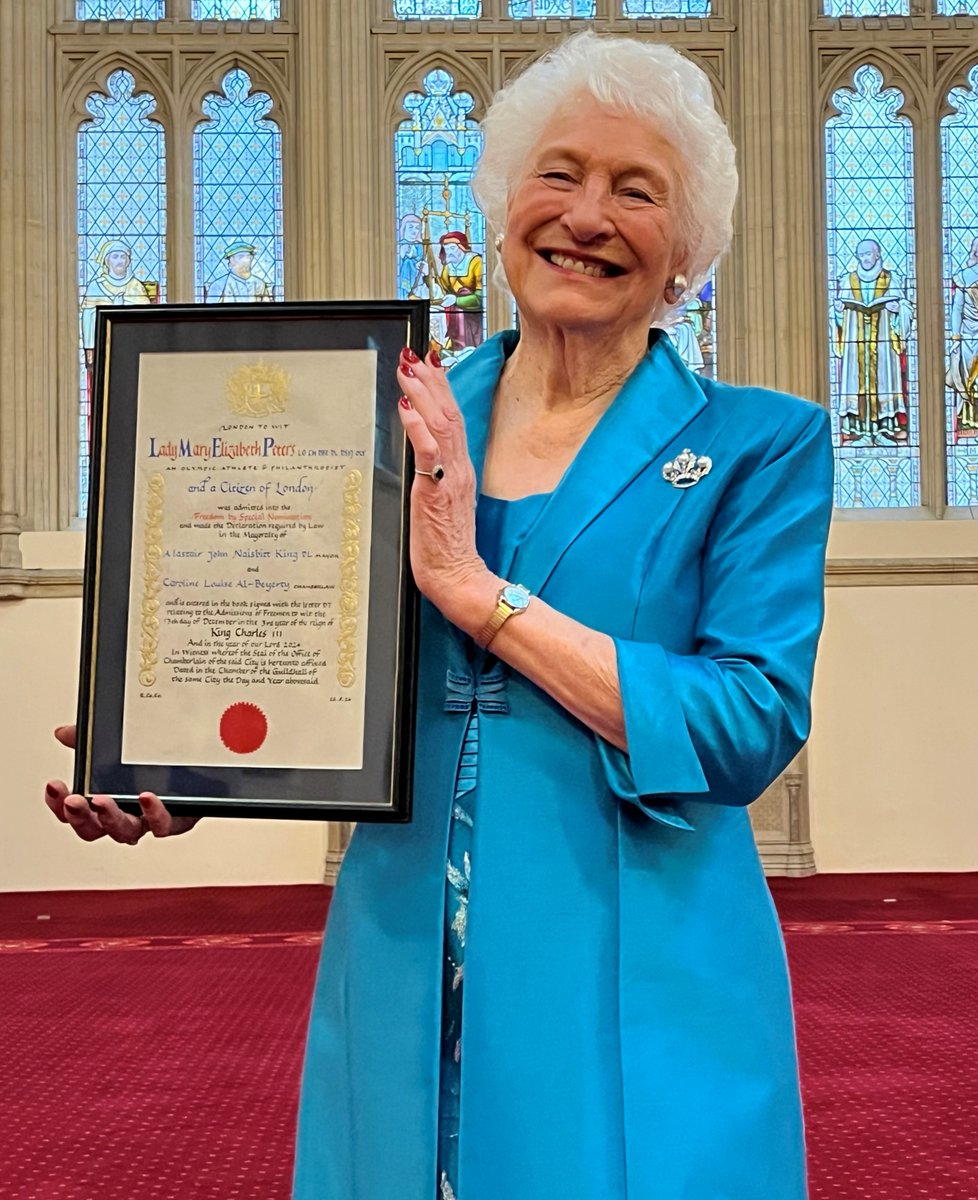cityoflondon's tweet photo. Olympic Games and Commonwealth Games Gold- and Silver-medal winning athlete and sport ambassador, Lady Mary Peters, has received the Freedom of the City of London, in recognition of her outstanding sporting achievements and charitable work. 

Lady Peters won Silver in the 1966 Commonwealth Games in Kingston, Jamaica, for shot put; Gold at the 1972 Olympics in Munich for pentathlon; Gold in the 1970 Commonwealth Games in Edinburgh for shot put and Gold for pentathlon; and Gold in the 1974 Commonwealth Games in Christchurch, New Zealand for pentathlon. 

Between 1962 and 1972, Lady Peters set 25 British records and in 1975, she established @MaryPetersTrust in Belfast, which provides funding for young athletes from disabled and able-bodied sports to help them develop careers in their chosen sports. #FreedomOfTheCityOfLondon #OlympicGames #CommonwealthGames https://t.co/Umqqh9kH6R