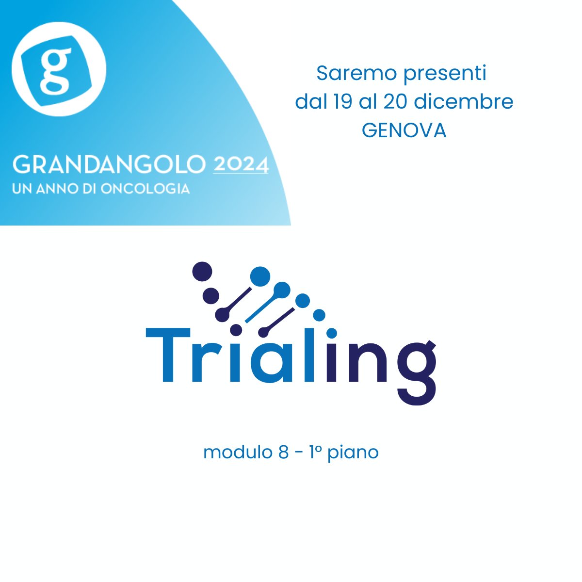 TrialingHealth's tweet photo. [ITALIANO]

🚀 La prossima settimana saremo al Grandangolo 2024 in Italia 🇮🇹!

Siamo entusiasti di entrare in contatto con i professionisti dell'oncologia e di mostrare come Trialing semplifica la ricerca dei trial clinici e supporta gli oncologi nel processo di riferimento dei pazienti.

📅 19-20 dicembre

📍 Genova, Italia

Connettiamoci! 🤝

#Grandangolo #accmed #Oncologia #Oncology #ClinicalTrials #StudiClinici #Trialing

[ENGLISH]

🚀 Next week, we will be at Grandangolo 2024 in Italy 🇮🇹!

We’re excited to connect with oncology professionals and demonstrate how Trialing simplifies searching for clinical trials and supports oncologists in the patient referral process.

📅 19-20 December

📍 Genoa, Italy

Let’s connect! 🤝

#Grandangolo #accmed #Oncologia #Oncology #ClinicalTrials #StudiClinici #Trialing