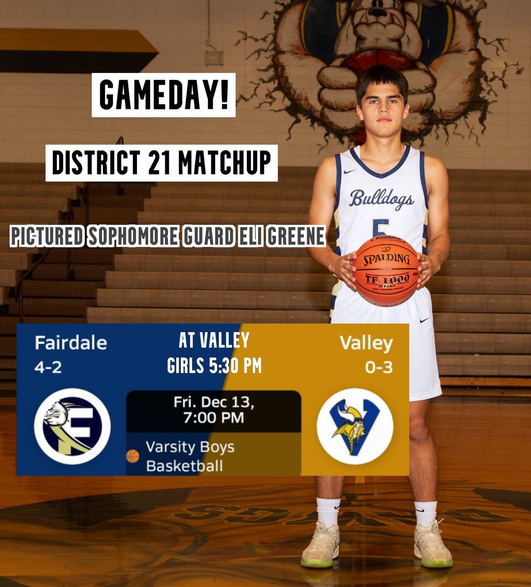 GAMEDAY! Bulldogs travel to Valley tonight for a District 21 matchup. Girls Varsity 5:30 PM/Boys Varsity 7 PM  Pictured Sophomore guard Eli Greene   #LetsGo