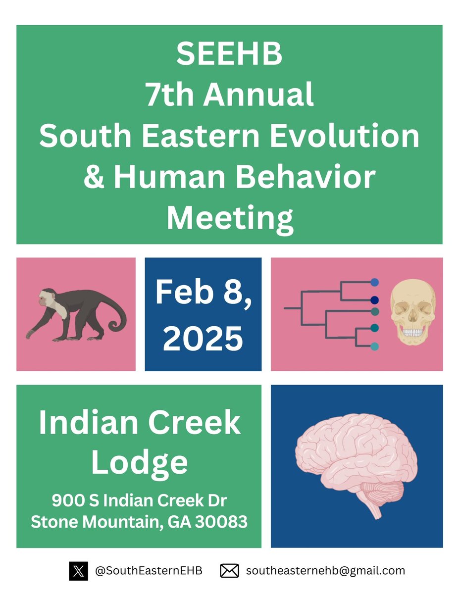 SouthEasternEHB's tweet photo. Join us at #SEEHB2025 this February 8th, 2025! Faculty and students are all welcome to submit abstracts (250-300 words) for poster or podium presentations.🧠🐒

Register here by January 17th, 2025! https://t.co/OzU3VDEEtL https://t.co/EXAQH18LQv