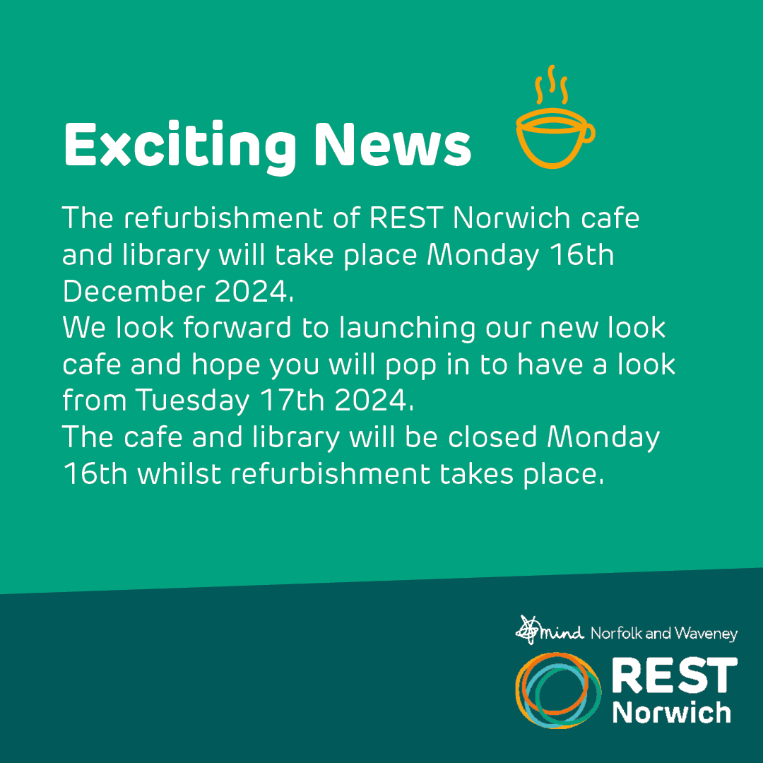 Our café and library at REST Norwich is temporarily closed on Monday due to exciting refurbishments.

We apologise for any inconvenience this may cause.