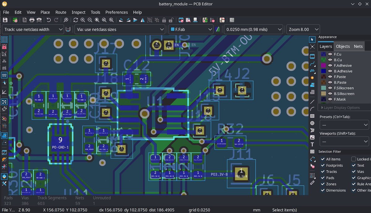 Putting the final touches on the battery module PCB of Pilet. To make it smarter, I’m adding a low-power MCU (ATtiny412) along with a battery monitoring chip that connects to the Raspberry Pi via I²C. This setup lets the Raspberry Pi OS control and monitor the batteries directly.