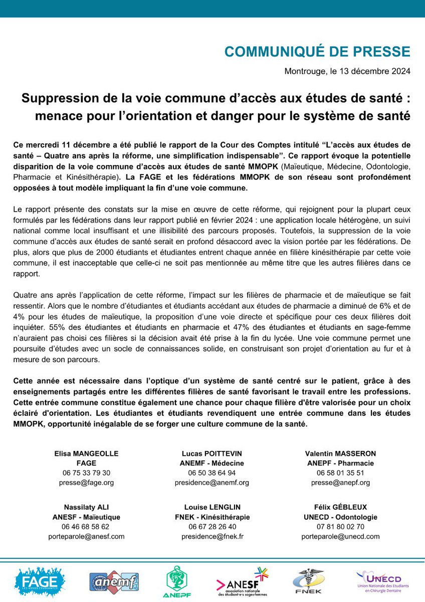 ANEMF (@anemf) on Twitter photo L'ANEMF partage certains éléments du rapport de la <a href="/Courdescomptes/">Cour des comptes</a> sur l’entrée en études de santé.
Toutefois, nous nous opposons à la suppression de la voie commune d'accès aux études MMOPK, qui fragiliserait certaines filières & créerait une rupture d’égalité entre étudiants. L'ANEMF partage certains éléments du rapport de la <a href="/Courdescomptes/">Cour des comptes</a> sur l’entrée en études de santé.
Toutefois, nous nous opposons à la suppression de la voie commune d'accès aux études MMOPK, qui fragiliserait certaines filières & créerait une rupture d’égalité entre étudiants.