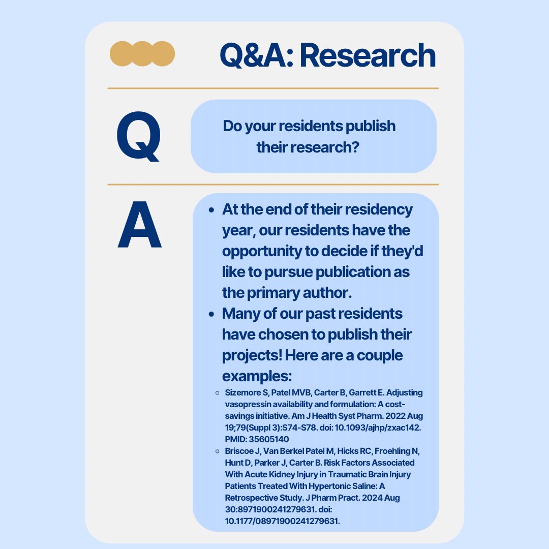 🚨FAQ Friday: Research 🧐🔬🧫

❓Want to learn more about Erlanger’s Pharmacy Residencies? Submit your questions in our Instagram story, message us, or click the link in bio to learn more!
