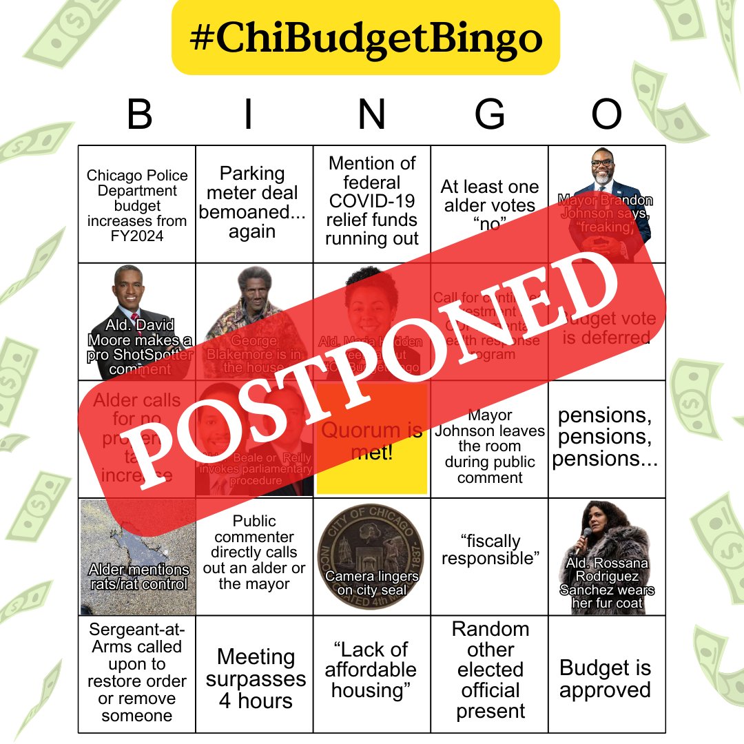 Chicago Documenters (@chidocumenters) on Twitter photo ‼️Good morning! In light of today's budget vote being cancelled, #ChiBudgetBingo🤑 is POSTPONED. Don't worry, we'll be here, bingo boards ready on Dec. 18, OR whenever the vote takes place...
Follow <a href="/sonal_soni_/">Sonal Soni (They/Them)</a> who will be live tweeting today's meeting!
chicago.suntimes.com/city-hall/2024… ‼️Good morning! In light of today's budget vote being cancelled, #ChiBudgetBingo🤑 is POSTPONED. Don't worry, we'll be here, bingo boards ready on Dec. 18, OR whenever the vote takes place...
Follow <a href="/sonal_soni_/">Sonal Soni (They/Them)</a> who will be live tweeting today's meeting!
chicago.suntimes.com/city-hall/2024…
