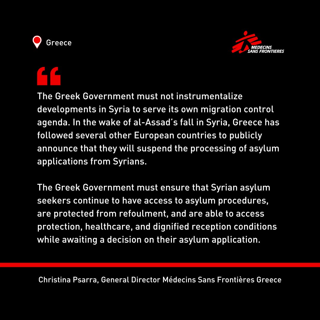 ❗️Today, Greece has officially announced to halt the processing of asylum applications from Syrian nationals.

Excluding an entire nationality from the right to asylum is unacceptable🛑
