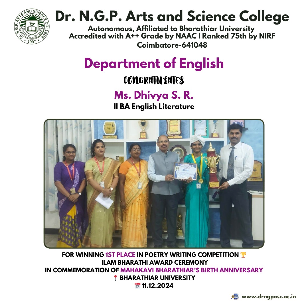 DrNGPASC_KMCRET's tweet photo. Thrilled to share that Ms. Dhivya S R of II BA English Literature won 1st Place in the Poetry Writing Competition at the Ilam Bharathi Award Ceremony held on 11.12.2024 at Bharathiar University, commemorating Mahakavi Bharathiar's Birth Anniversary.
#ProudMoment #Poetry #ngpasc https://t.co/1LpXHjubwY