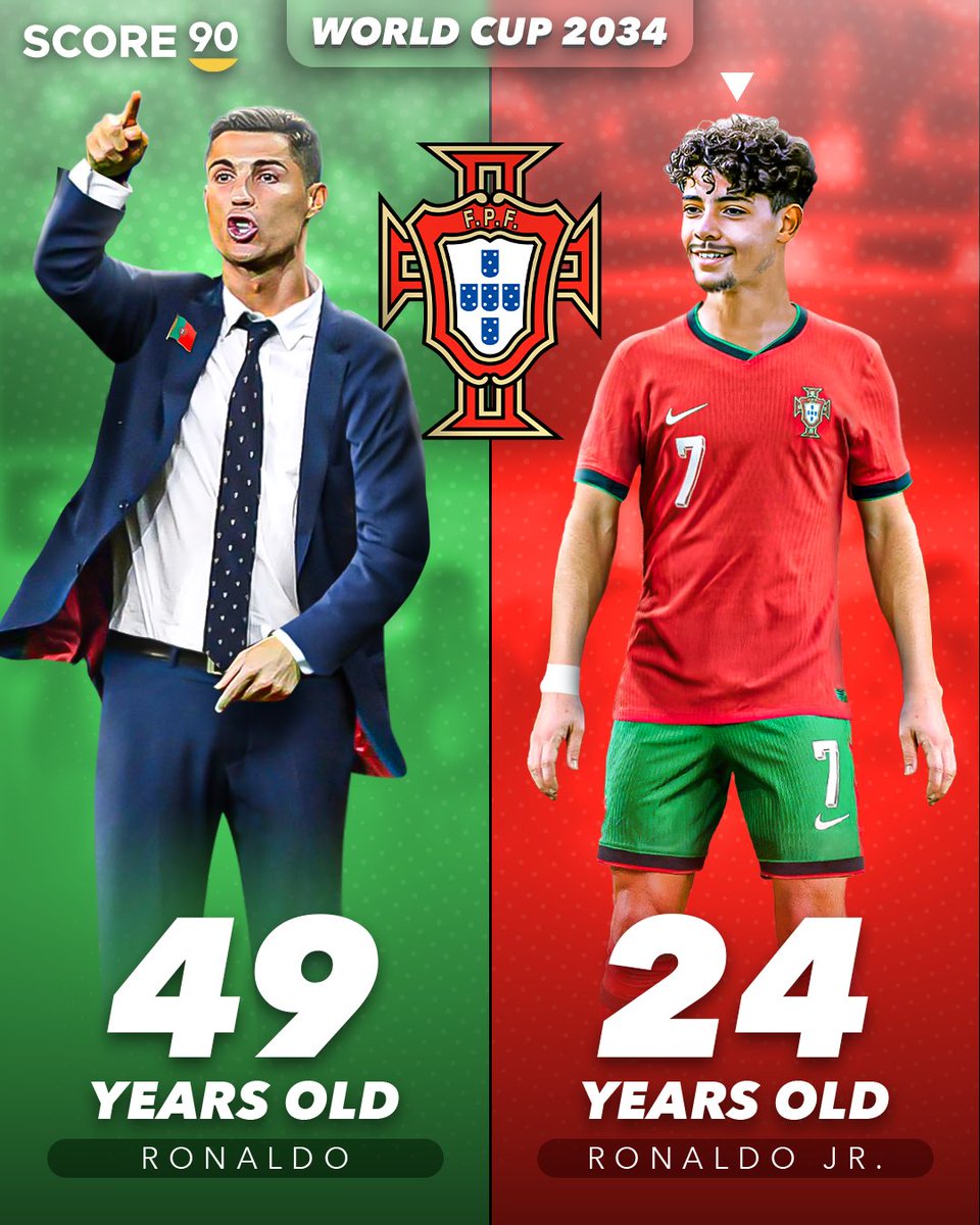 Score90_'s tweet photo. In 2034, Saudi Arabia will host the World Cup for the first time in their history 🇸🇦🏆

Imagine Ronaldo, 49 years old by then, coaching Portugal with his 24-year-old son, Ronaldo Jr. in the squad 😅🙏 https://t.co/vTZ7kP6Q5Z