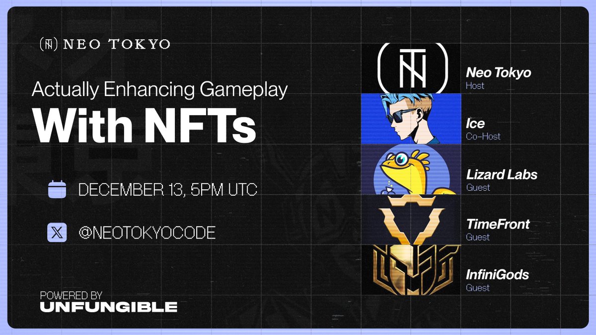NeoTokyoCode's tweet photo. Join us today at 12 PM EST for our NT x Unfungible Spaces, our weekly Gaming X Space where we’ll dive into all things Web3 gaming! 

In today’s session, we’ll be discussing ‘ Actually Enhancing Gameplay with NFTs’ with @ice_nfts, Space Program Lead at Unfungible, along with @LizLabsio, @PlayTimefront, and @InfiniGods!

Spaces:https://t.co/hpgvO40hhG