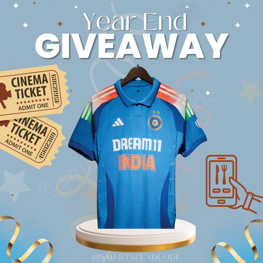 smartspendcode's tweet photo. 🚨 2024 Year-End Festive MEGA Giveaway! 🚨

🎁 Biggest Giveaway Yet – 5 Winners, Prizes Worth ₹10,000+!

🏏 1 Winner: Official Team India ODI Jersey (₹6,000)
🍽️ 2 Winners: 1-Year EazyDiner Prime Subscription (₹2,500 each)
🎬 1 Winner: 2 Movie Tickets (₹1,000 each)
🍔 1 Winner: 3-Month Swiggy One Membership

Steps to Enter ⤵️

🔹 Follow @smartspendcode
🔹 Like ❤️ & Repost 🔁
🔹 Tag 2 Friends & Use #SmartSpendCode

📅 Winners will be announced on 1st Jan 2025 🥳

India Jersey delivery subject to official Adidas serviceable pin codes.

Don’t miss out! 🎉✨

#ccgeeks #ccgeek #Contest #Giveaway #amex #swiggyipo #Swiggy #BGT2025 #INDvsAUS  #BookMyShow #eazydiner #ContestAlert #GiveawayAlerts #creditcard #HappyNewYear #championstrophy #iccchampionstrophy #ICC #odi #TeamIndia