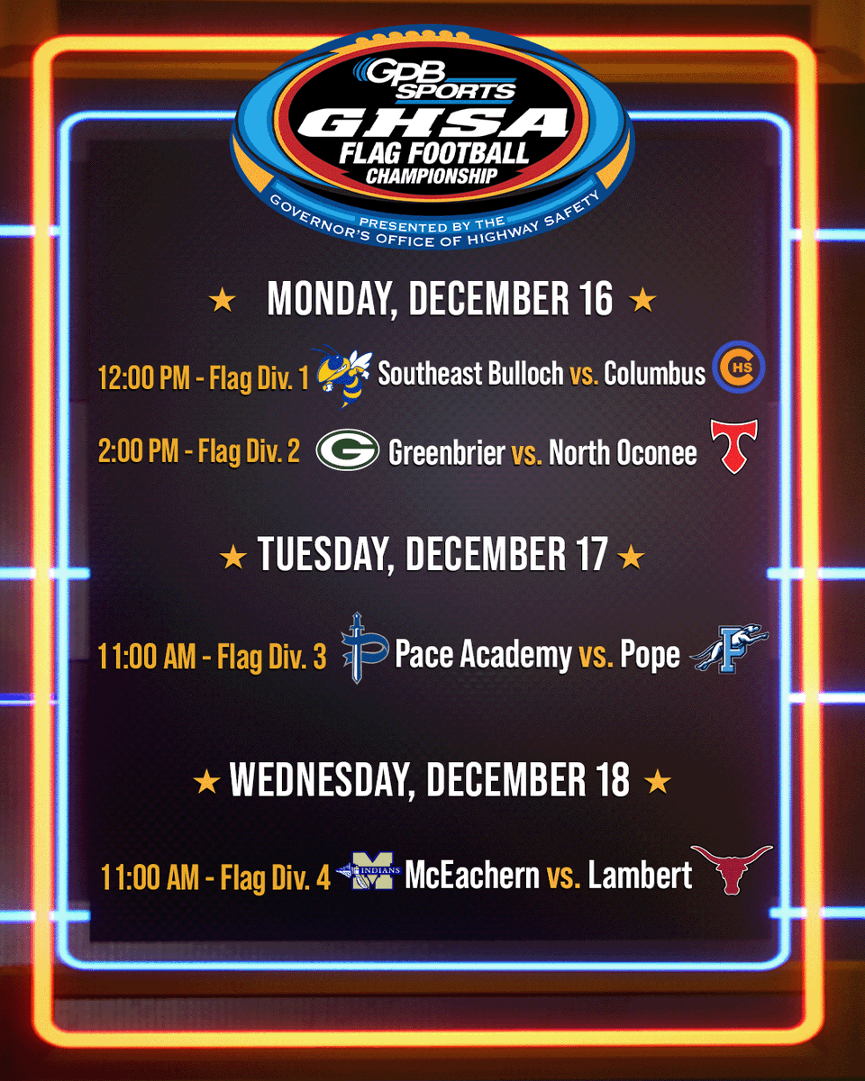 GPBsports's tweet photo. 🚨 2024 @OfficialGHSA Flag Football Championship Schedule 🚨
🕑 Mon., Dec. 16 - Wed., Dec. 18
📍@MBStadium
📺: @mygpb
Stream ⤵️
🌐 Web: https://t.co/5PD8VZXVrS
YouTube: https://t.co/a6mzQuvYN6
Facebook: https://t.co/u2fE1JIfBE
Twitch: https://t.co/6yjRw7MFCW
📱 GPB Sports App https://t.co/RZ5nKGoOQh