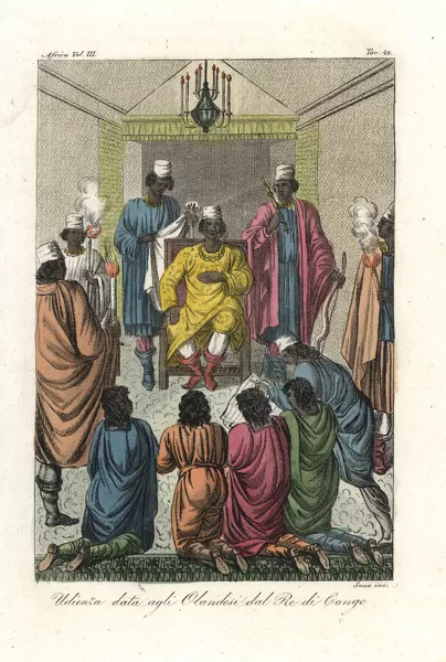 rhaplord's tweet photo. king Garcia II of Kongo (seated) receiving a Dutch embassy (kneeling), in 1642 

17th-century engraving colourized in 1843
#ethnographxt https://t.co/8TwXfwfAI5
