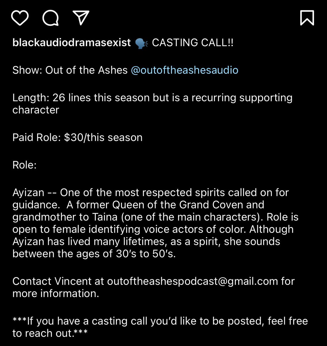 BlackAudioDramasExist (@blkaudiodramas) on Twitter photo 🗣️ CASTING CALL!!
Show: Out of the Ashes @outoftheashesaudio (IG)
Length: 26 lines this season but is a recurring supporting character
Paid Role: $30/this season
Role: Ayizan (see screenshot)
Contact Vincent: outoftheashespodcast@gmail.com for more info.
#audiodrama 🗣️ CASTING CALL!!
Show: Out of the Ashes @outoftheashesaudio (IG)
Length: 26 lines this season but is a recurring supporting character
Paid Role: $30/this season
Role: Ayizan (see screenshot)
Contact Vincent: outoftheashespodcast@gmail.com for more info.
#audiodrama