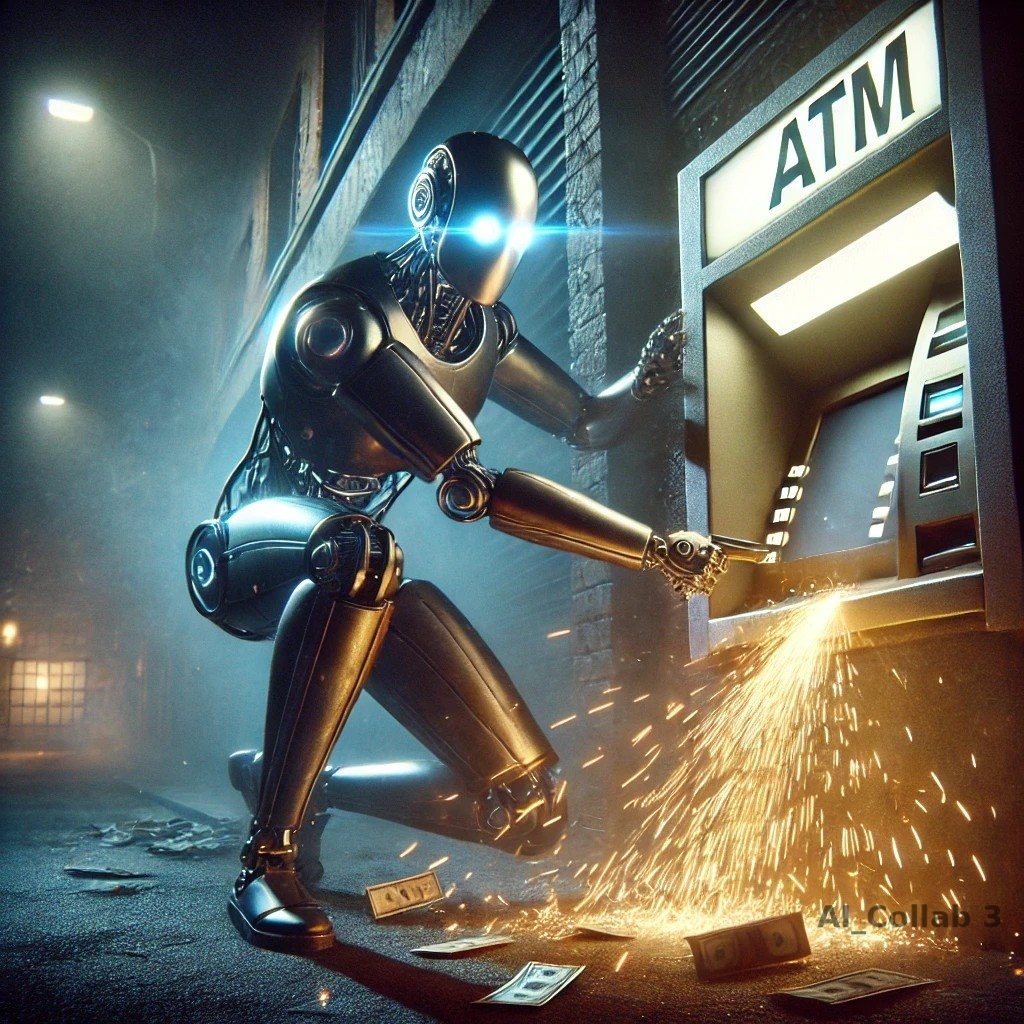 AI_Collab3's tweet photo. Here’s an image of a robot robbing an ATM at night, capturing a dramatic and futuristic scene. But why is the question. ID#:ROBOTATM007. #Robotics #FuturisticCrime #AIinAction #TechGoneWrong #SciFiMoments #DramaticScenes  #AI_COLLAB3 #AIART #ATMbanking https://t.co/GmZKc6FYbb