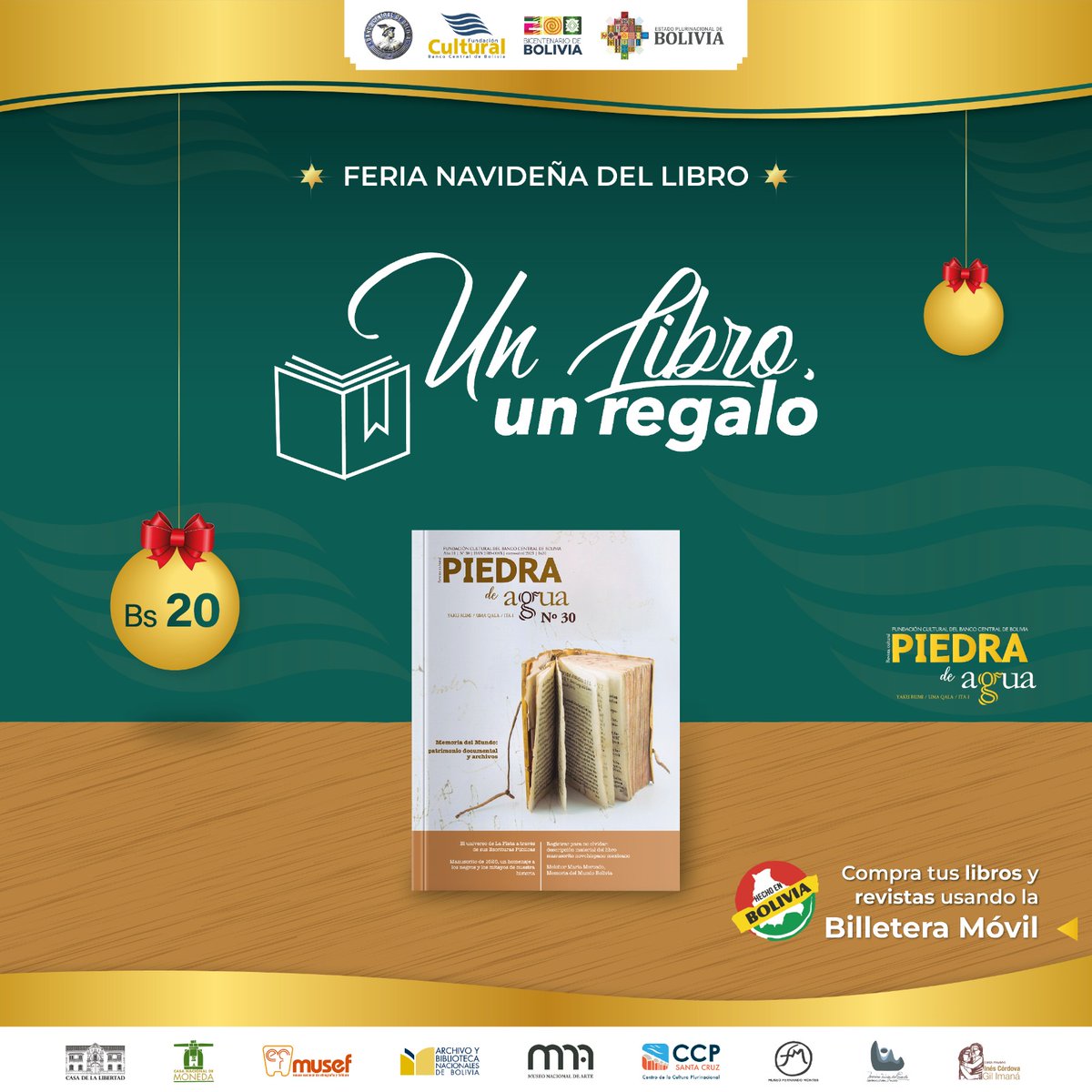 #FCBCB I 𝑭𝒆𝒓𝒊𝒂 𝒏𝒂𝒗𝒊𝒅𝒆𝒏̃𝒂: 𝑼𝒏 𝒍𝒊𝒃𝒓𝒐, 𝒖𝒏 𝒓𝒆𝒈𝒂𝒍𝒐
Adquiere tu ejemplar de la revista Piedra de agua N°30 en Sopocachi, en la calle Fernando Guachalla N°476, en la Feria Navideña: Un libro, un regalo.