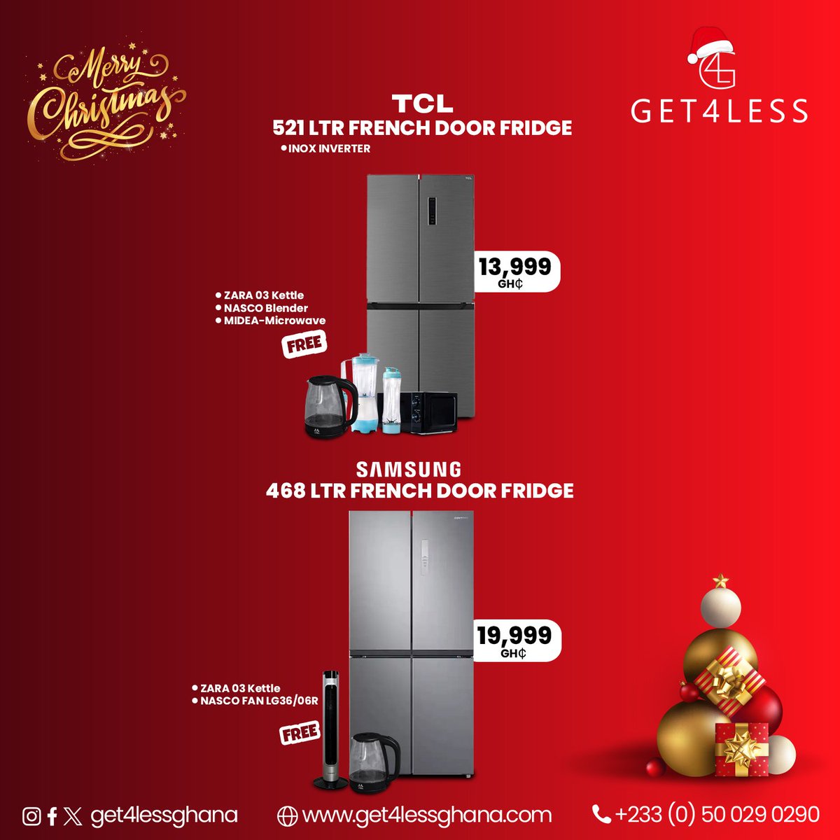Get4lessGhana's tweet photo. Keep your holiday treats fresh and your home festive with top-notch fridges this Christmas!
🍄 From NASCO to Samsung, enjoy cooling perfection plus amazing free gifts to brighten
the season.🀠#Get4LessGhana #Christmas #Promo #TopFreezer #Fridge #KitchenAppliances https://t.co/PgflWxn2zY