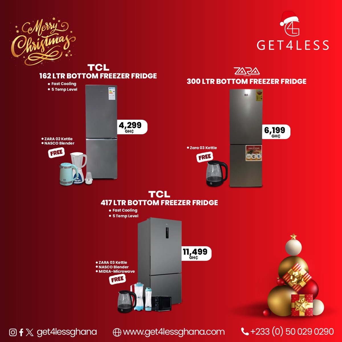 Get4lessGhana's tweet photo. Keep your holiday treats fresh and your home festive with top-notch fridges this Christmas!
🍄 From NASCO to Samsung, enjoy cooling perfection plus amazing free gifts to brighten
the season.🀠#Get4LessGhana #Christmas #Promo #TopFreezer #Fridge #KitchenAppliances https://t.co/PgflWxn2zY