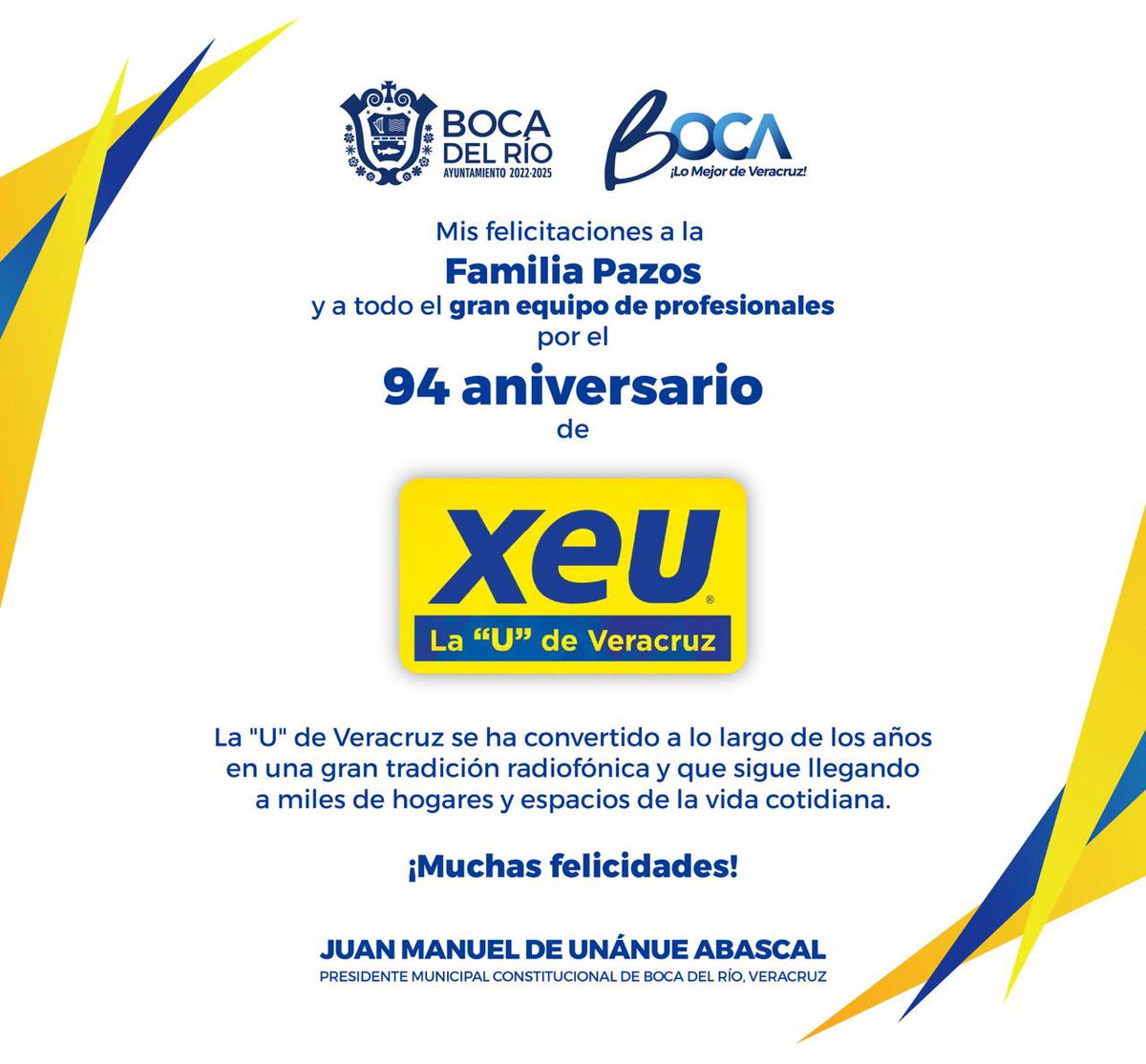 JM_UNANUE's tweet photo. Mis felicitaciones a la Familia Pazos y a todo el gran equipo de profesionales por el 94 aniversario de @xeunoticias 

La "U" de Veracruz es una gran tradición radiofónica y que sigue llegando a miles de hogares y espacios de la vida cotidiana.

¡Muchas felicidades! https://t.co/4YKAJZxob6