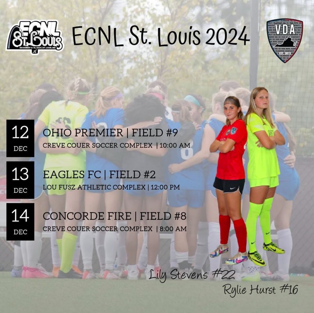Lily Stevens (@lily_stevens22) on Twitter photo #ECNLSTL Day 2 Schedule โฌ๏ธ
Looking forward to being back with my <a href="/vdasoccer/">Virginia DevAcademy</a> 08 <a href="/ECNLgirls/">ECNL Girls</a> team today. Building off 2-0 wins by both the VDA 08 & 07/06 teams yesterday! <a href="/bobbypup/">Bobby Puppione</a>
Hope to see you there!
VDA 08
๐๏ธ December 13
๐ Eagles SC
๐12:00PM CT
๐Lou Fusz - Field 2 #ECNLSTL Day 2 Schedule โฌ๏ธ
Looking forward to being back with my <a href="/vdasoccer/">Virginia DevAcademy</a> 08 <a href="/ECNLgirls/">ECNL Girls</a> team today. Building off 2-0 wins by both the VDA 08 & 07/06 teams yesterday! <a href="/bobbypup/">Bobby Puppione</a>
Hope to see you there!
VDA 08
๐๏ธ December 13
๐ Eagles SC
๐12:00PM CT
๐Lou Fusz - Field 2